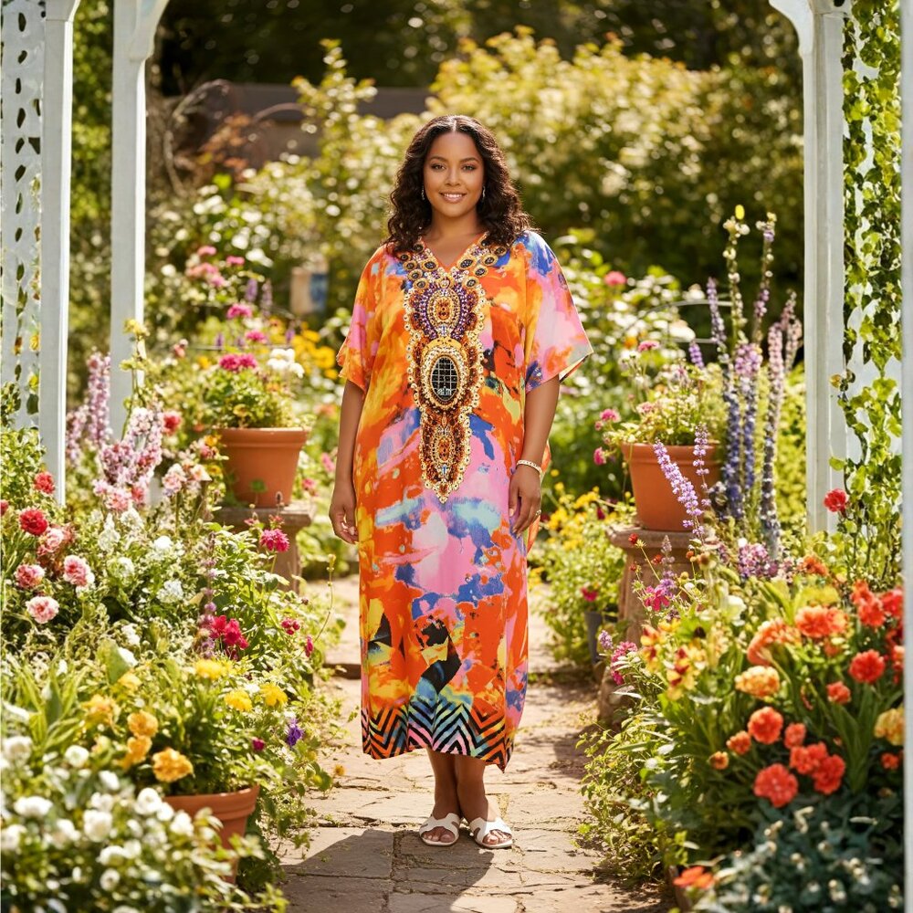 Gypsie Blu Multicolor Kaftan Plus Size Dresses Loose Maxi Dress Kimono Sleeve